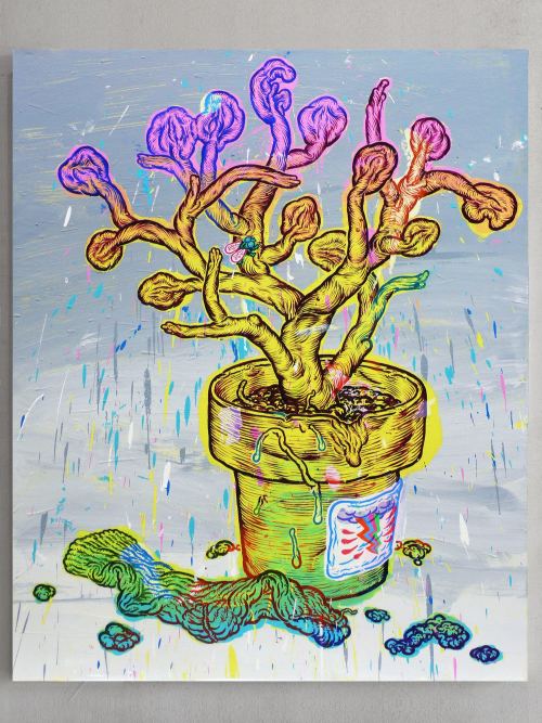 Taylor McKimens, Zap Plant. Acrylic, flashe and acryla-gouache on canvas, 60 x 48 in, 153 x 122 cm