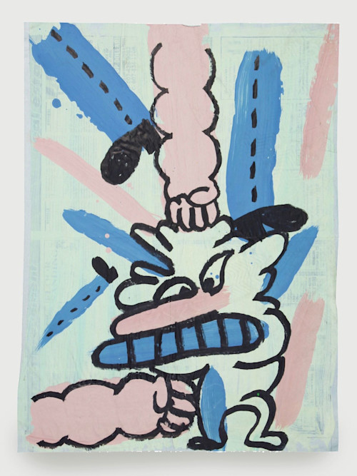 Devin Flynn and Brian Belott collab, Critical Beatdown, 2010 (#1 in A SerieS). Marsh ink and acrylic on newspaper, 22 x 17 in