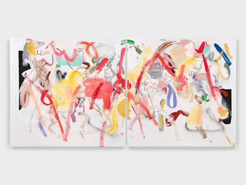 Ammon Rost, Hit and Giggle, 2023. Acrylic and oil on canvas, diptych, 60 x 128 in (152 x 325 cm)