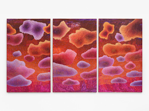 Ross Caliendo, July, 2023. Oil and acrylic on canvas with wood frame, triptych 85 x 151.5 in (216 x 385 cm)