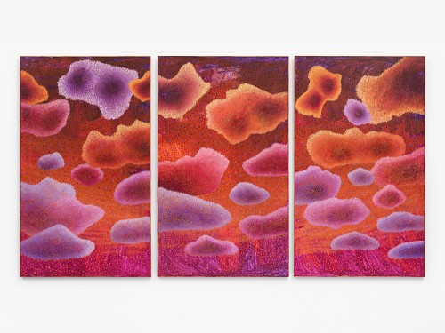 Ross Caliendo, July, 2023. Oil and acrylic on canvas with wood frame, triptych 85 x 151.5 in (216 x 385 cm)