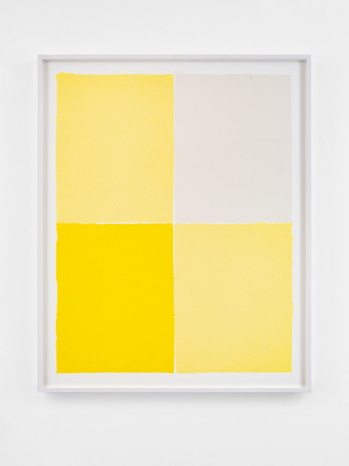 Ethan Cook, Three Yellows, White, 2020. Handmade pigmented paper, 28 x 22 in, 71 x 57 cm