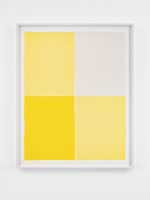Ethan Cook, Three Yellows, White, 2020. Handmade pigmented paper, 28 x 22 in, 71 x 57 cm