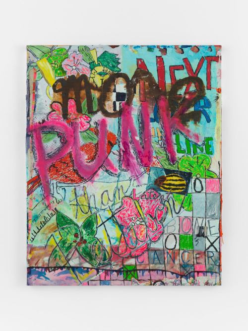 Alicia Gibson, More Punk than Pettibon, 2017. Oil and various on fabric over canvas, 60 x 48 in, 152 x 122 cm