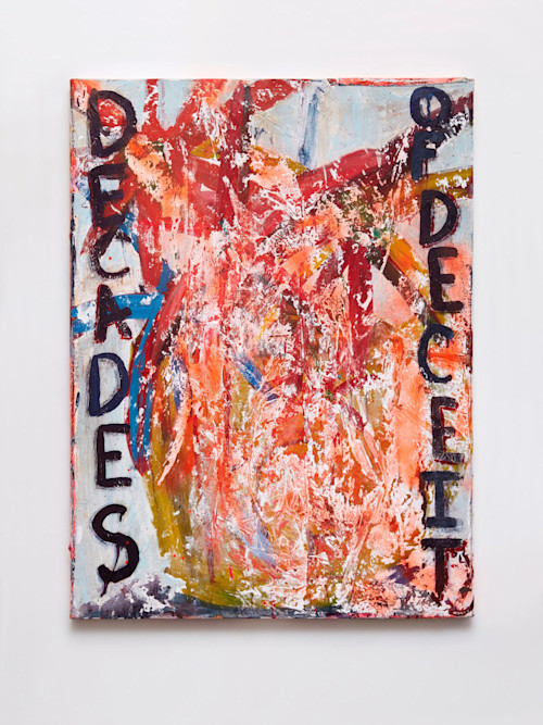 Alicia Gibson, Decades of Deceit, 2017. Oil, spray paint, and plaster on canvas, 40 x 30 in, 101 x 76 cm