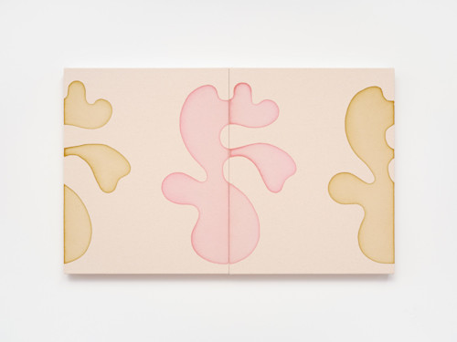 Landon Metz, Untitled, 2020. Diptych, Dye on canvas (Pink, Green), 20 x 32 in, 51 x 81 cm