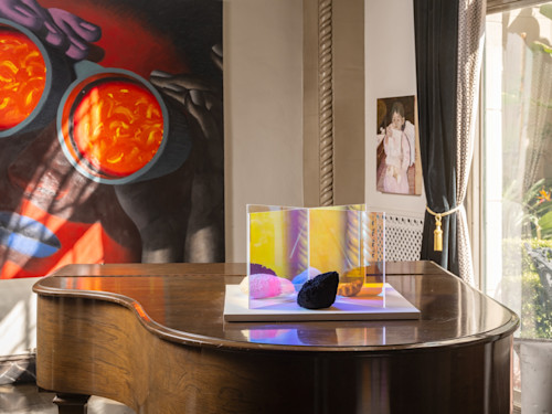 Christian Sampson, El Royale Coral-Sponge Projector-Reflector, 2025, Acrylic, Dichroic Films, Sea Sponges, Cast Coral, Wood Plinth, 20 x 14 x 14 in (51 x 36 x 36 cm) (2). 