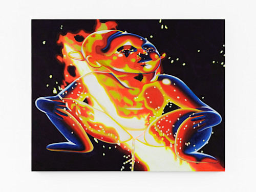 Anja Salonen, Solar Flare - Jeanneke Pis, 2023. Oil and fabric dye on linen, 44 x 56 in (112 x 142 cm)