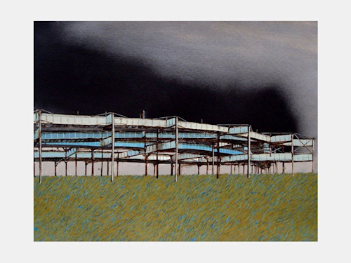 Alex Lukas, Tracks On Fire #1, 2006. Watercolor, gouache, ink, spraypaint, silkscreen, acrylic on paper, 10 x 12 in, 25 x 32 cm