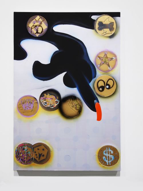 Melissa Brown, Scratcher, 2015. Flashe, oil, acrylic, resin, drawings by Billy Grant, tv guides, inkjet print, woodcut, lottery scratch-off ink on canvas over panel, 35 x 23 in, 89 x 60 cm