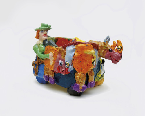 Maija Peeples-Bright, Vessel on Wheels with Rhino Rider, 2018-19. Glazed ceramic, 16 x 10 x 10 in (41 x 24 x 24 cm)