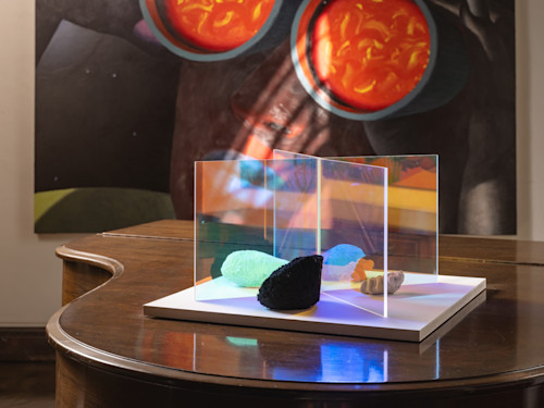 Christian Sampson, El Royale Coral-Sponge Projector-Reflector, 2025. Acrylic, Dichroic Films, Sea Sponges, Cast Coral, Wood Plinth, 20 x 14 x 14 in (51 x 36 x 36 cm)