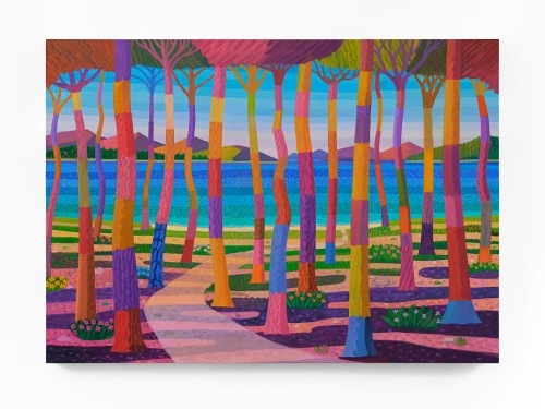 Daniel Heidkamp, Pines on the Beach, 2024. Oil on linen, 50 x 70 in (127 x 178 cm)