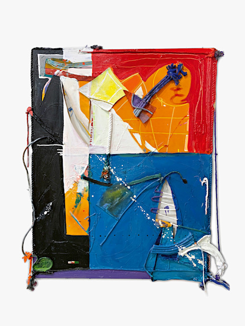 Rachel Eulena Williams, Meeting Point Real and Fake, 2019. Acrylic, dye, and rope on layered canvas, 50 x 40 in (127 x 102 cm)