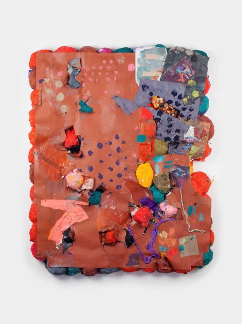 Brian Belott, Krummhorn, 2015. Cotton batting, colorfast paper, acrylic paint, chord, mop string, remote control, sand and stones, 59 x 46 x 6 in, 150 x 117 x 15 cm