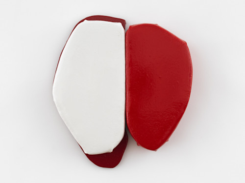 Justin Adian, Temptasia, 2019. Oil enamel on canvas and felt over wood, 11 x 10 in, 28 x 25 cm