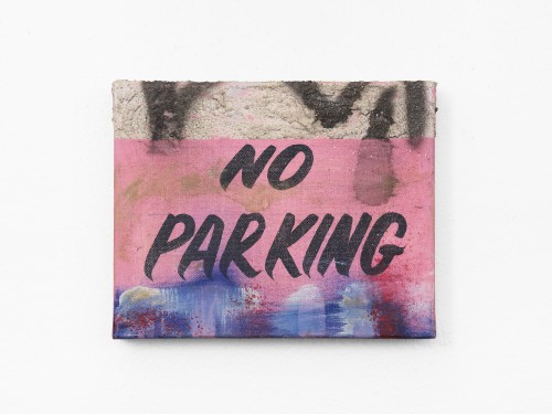 Alfonso Gonzalez Jr., No Parking (pink), 2023. Enamel, latex, dirt, gel medium on canvas, 8 x 10 in (23 x 25 cm)