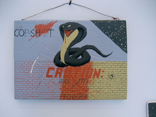 William Buzzell, Policeman's Union, 2006. House-paint and shoe-dye on wood, 10 x 13 in, 24 x 33 cm