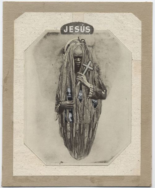 Stefan Danielsson, Black Jesus, 2004. Collage, psalm bookcover and dried grass on paper, 7 x 6 in, 17 x 15 cm