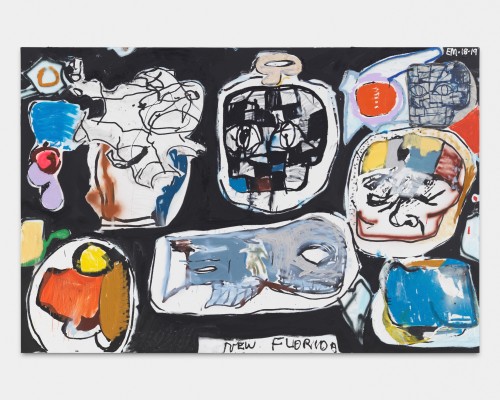 Eddie Martinez, New Florida, 2018-19. Oil, enamel, silkscreen ink, spray paint, oil bar, collage, thumbtacks and pencil on canvas, 72 x 108 in, 183 x 274 cm
