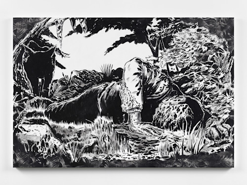 Mark Thomas Gibson, Harsh Negotiations Over Land and Property Rights in a Southern Dialect, 2019.  Ink on canvas, 48 x 70 in, 122 x 178 cm